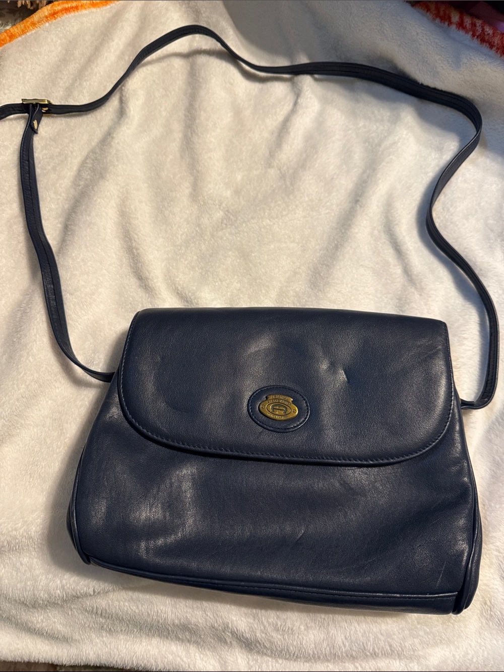 Etienne Aigner Navy Leather Crossbody with Gold-Tone Emblem